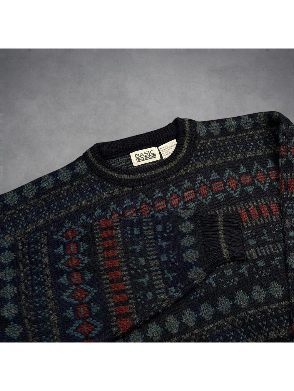 Vintage Basic Editions Knit Sweater Medium Geometric 90s